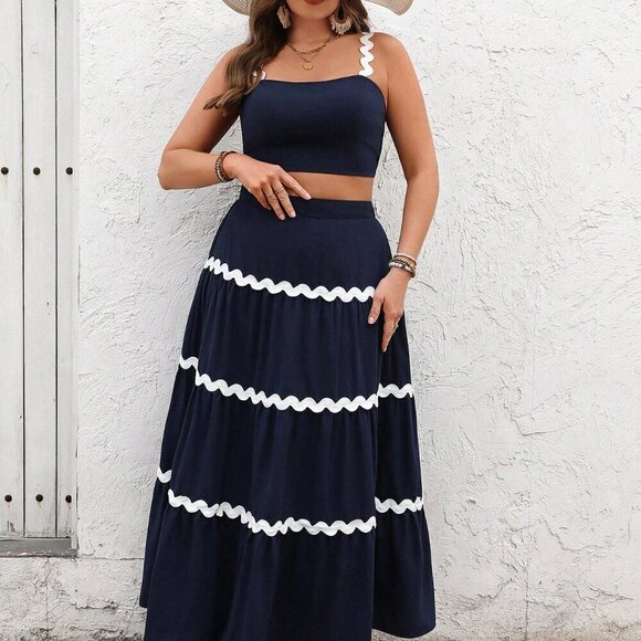 Navy Blue Boho Women's Plus Size Ruffle Trim Camisole And Mini Skirt Set - Picture 4 of 6